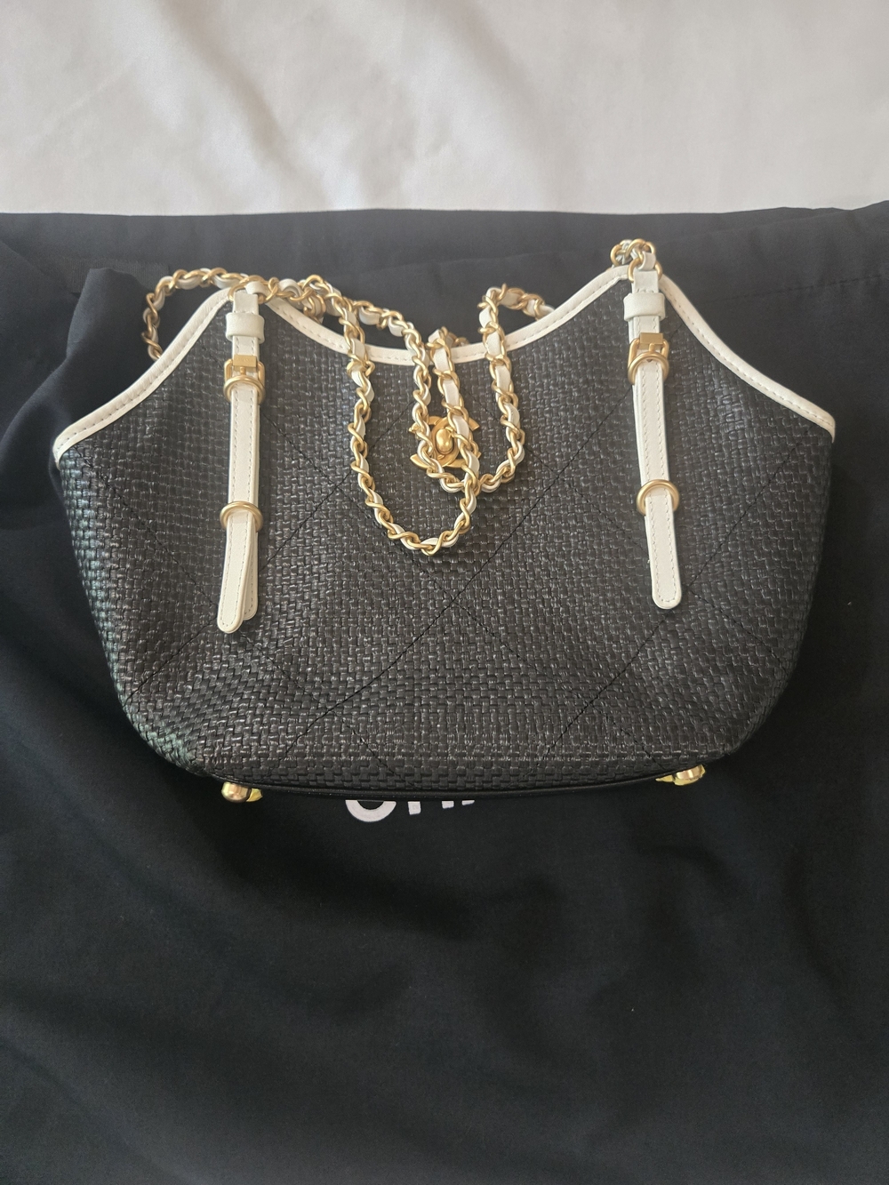 CC Leather-Trim Braided Tote Bag with Gold Chain - Black & White